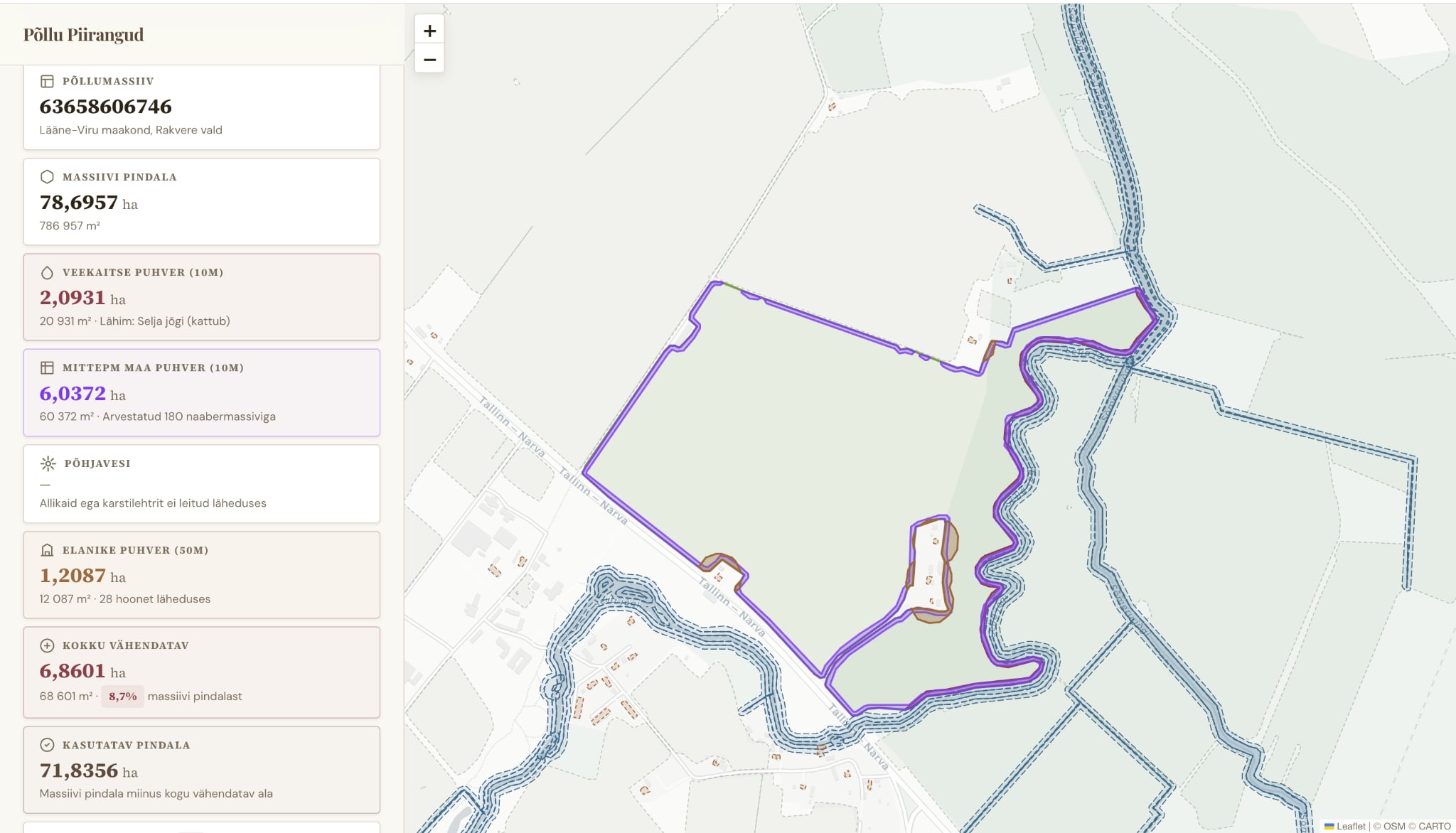 Põllu Piirangute Kalkulaatori tulemuste näide — massiiv 67350880620